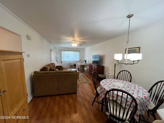 Dining room, Interior, Living room, Pendant Lights, Wood Texture Flooring