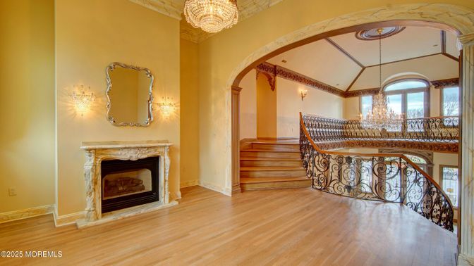 Chandelier, Fireplace, Interior, Wood Texture Flooring