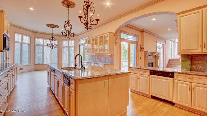 Chandelier, Interior, Kitchen, Recessed Lighting, Wood Texture Flooring