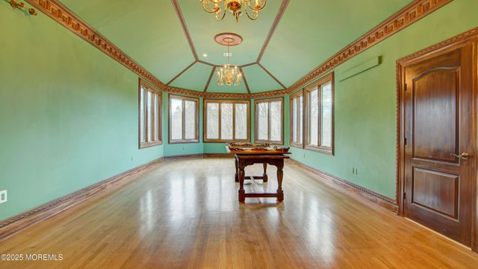 Billiard Table, Chandelier, Game Room, Interior, Recessed Lighting, Wood Texture Flooring