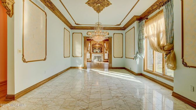 Chandelier, Empty room, Fireplace, Interior, Marble