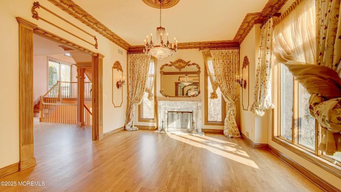 Chandelier, Fireplace, Interior, Wood Texture Flooring