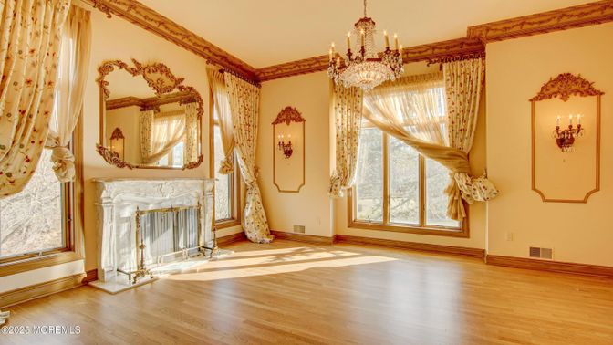 Chandelier, Empty room, Fireplace, Interior, Wood Texture Flooring