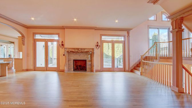 Empty room, Fireplace, Interior, Recessed Lighting, Wood Texture Flooring