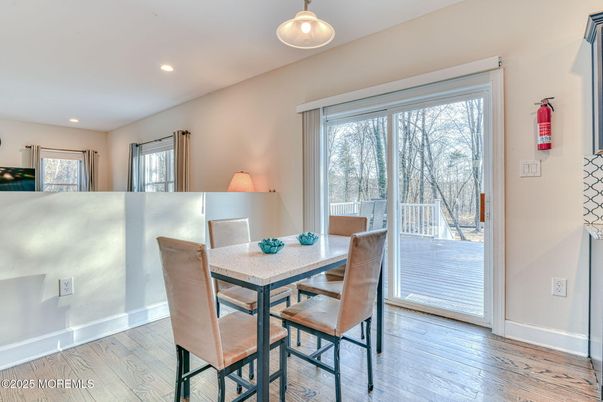 Dining room, Interior, Pendant Lights, Recessed Lighting, Wood Texture Flooring