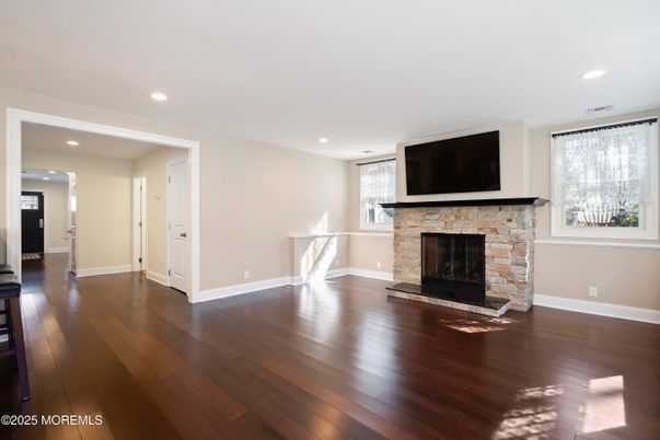Empty room, Fireplace, Interior, Recessed Lighting, Wood Texture Flooring