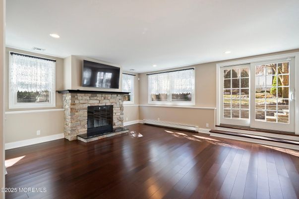 Empty room, Fireplace, Interior, Recessed Lighting, Wood Texture Flooring
