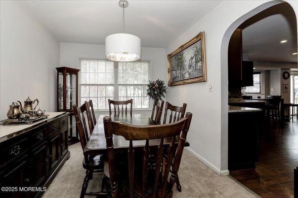 Dining room, Interior, Pendant Lights, Recessed Lighting, Wood Texture Flooring