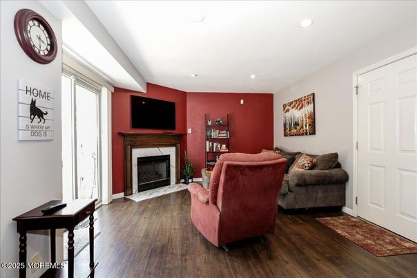 Fireplace, Interior, Living room, Recessed Lighting, Wood Texture Flooring
