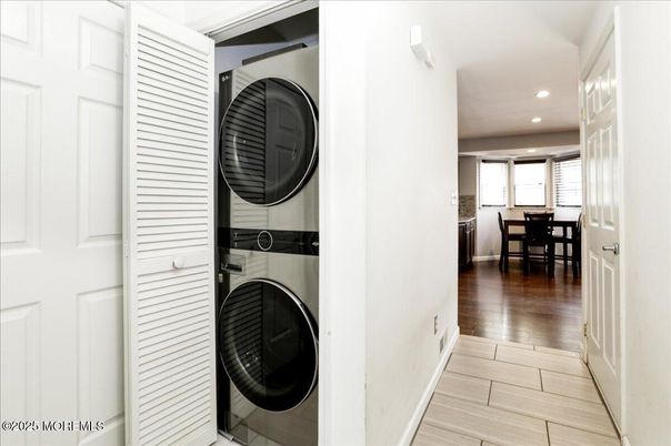 Dining room, Interior, Recessed Lighting, Utility Closets, Washer, Wood Texture Flooring