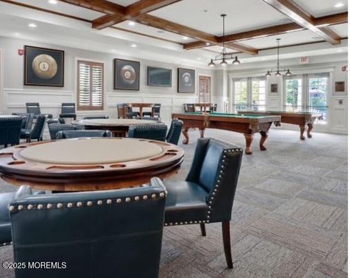 Billiard Table, Chandelier, Game Room, Interior, Pendant Lights, Recessed Lighting, Wooden Beams