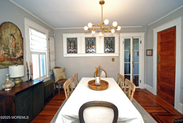Dining room, Interior, Pendant Lights, Wood Texture Flooring