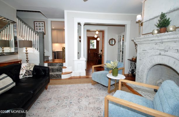 Fireplace, Interior, Living room, Pendant Lights, Wood Texture Flooring