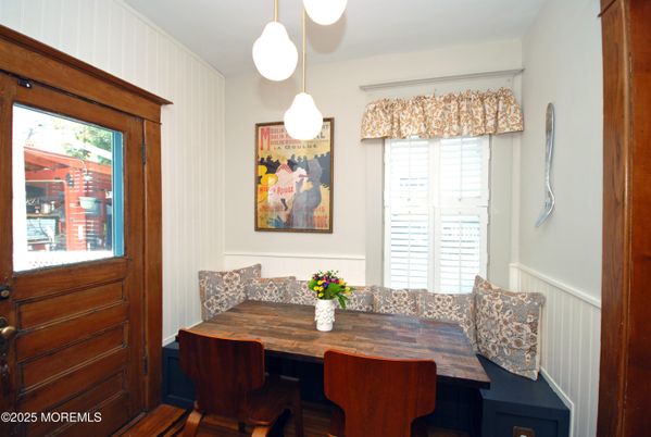 Dining room, Interior, Pendant Lights, Wood Texture Flooring