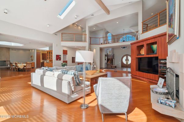 Dining room, Fireplace, Interior, Living room, Recessed Lighting, Wooden Beams, Wood Texture Flooring