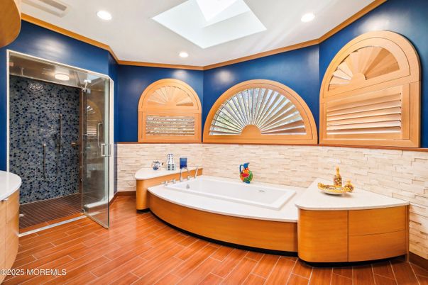 Bathroom, Glass Shower, Interior, Recessed Lighting, Wood Texture Flooring