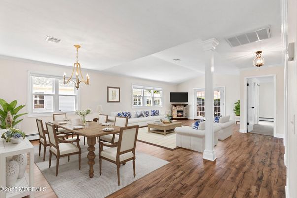 Chandelier, Dining room, Fireplace, Interior, Living room, Pendant Lights, Wood Texture Flooring