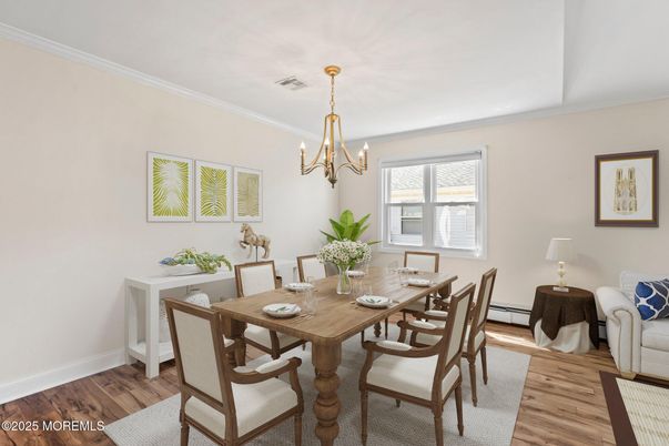 Chandelier, Dining room, Interior, Wood Texture Flooring