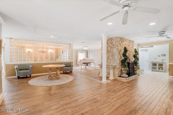 Interior, Recessed Lighting, Stone Walls, Wood Texture Flooring