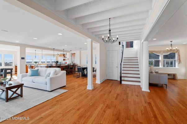 Chandelier, Dining room, Interior, Kitchen, Living room, Pendant Lights, Recessed Lighting, Wood Texture Flooring