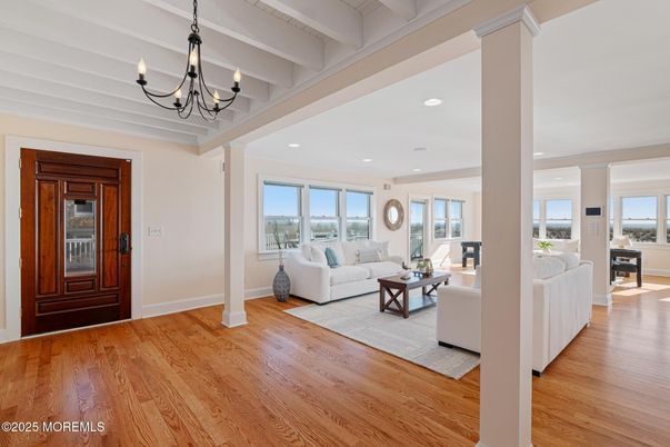 Chandelier, Interior, Living room, Recessed Lighting, Wood Texture Flooring