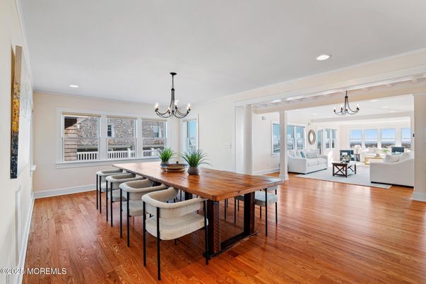 Chandelier, Dining room, Interior, Living room, Recessed Lighting, Wood Texture Flooring