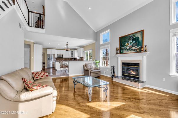 Fireplace, Interior, Kitchen, Living room, Pendant Lights, Recessed Lighting, Wood Texture Flooring