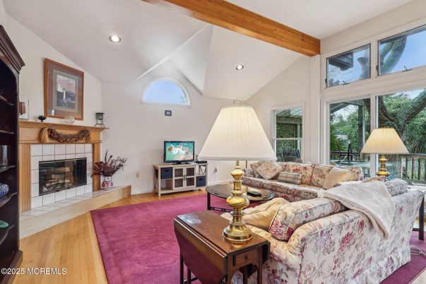 Fireplace, Interior, Living room, Recessed Lighting, Wooden Beams, Wood Texture Flooring