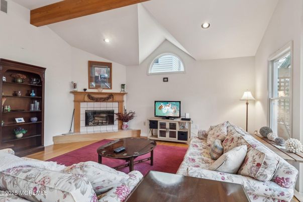 Fireplace, Interior, Living room, Recessed Lighting, Wooden Beams, Wood Texture Flooring