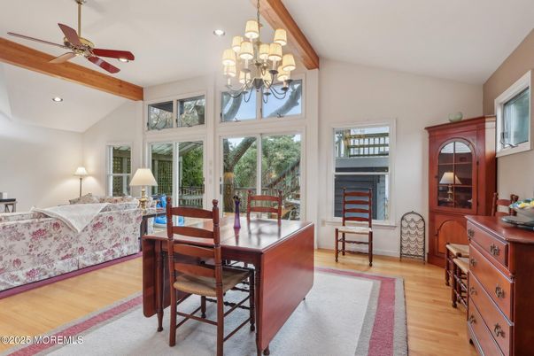 Chandelier, Dining room, Interior, Recessed Lighting, Wooden Beams, Wood Texture Flooring