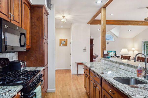 Interior, Kitchen, Recessed Lighting, Wooden Beams, Wood Texture Flooring