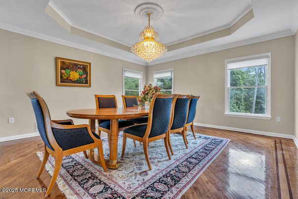 Chandelier, Dining room, Interior, Wood Texture Flooring