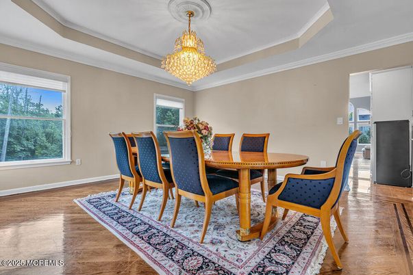 Chandelier, Dining room, Interior, Wood Texture Flooring