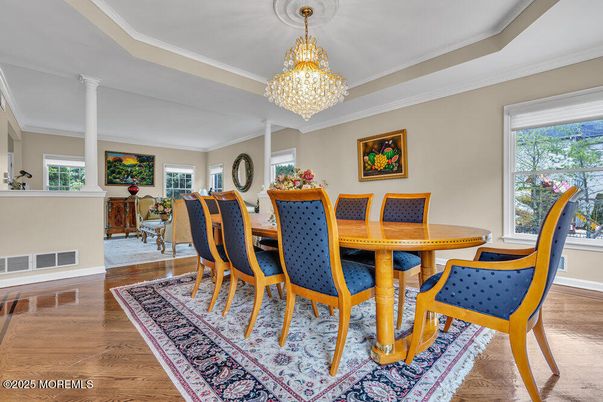 Chandelier, Dining room, Interior, Wood Texture Flooring