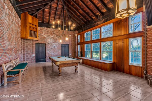 Billiard Table, Chandelier, Game Room, Interior, Pendant Lights, Stone Walls, Wooden Beams, Wooden Ceilings