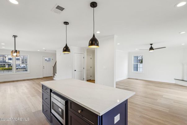 Empty room, Interior, Kitchen, Pendant Lights, Recessed Lighting, Wood Texture Flooring