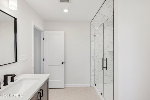 Bathroom, Glass Shower, Interior, Marble Walls, Recessed Lighting