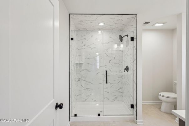 Bathroom, Glass Shower, Interior, Marble Walls, Recessed Lighting