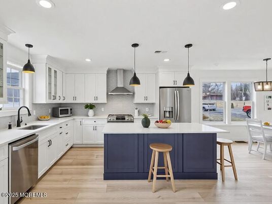 Interior, Kitchen, Pendant Lights, Recessed Lighting, Stainless Steel Appliances, Wood Texture Flooring