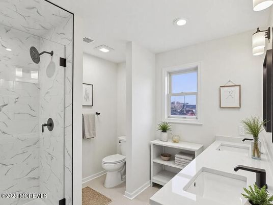 Bathroom, Glass Shower, Interior, Marble Walls, Recessed Lighting