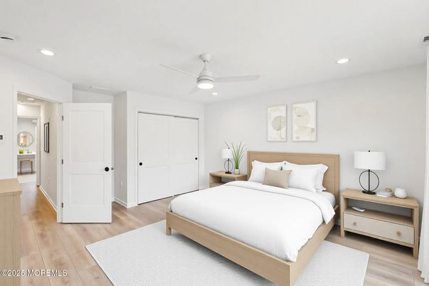 Bedroom, Interior, Recessed Lighting, Wood Texture Flooring