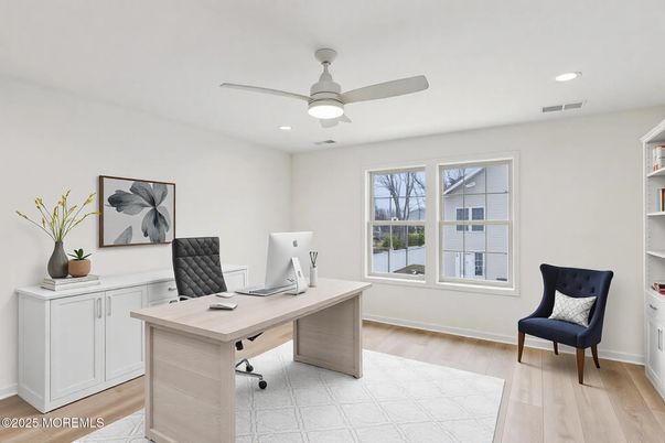 Home Office, Interior, Recessed Lighting, Wood Texture Flooring