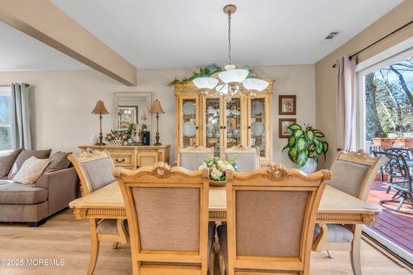 Dining room, Interior, Pendant Lights, Wood Texture Flooring