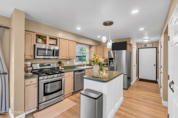Interior, Kitchen, Pendant Lights, Recessed Lighting, Stainless Steel Appliances, Wood Texture Flooring