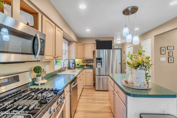 Interior, Kitchen, Pendant Lights, Recessed Lighting, Stainless Steel Appliances, Wood Texture Flooring