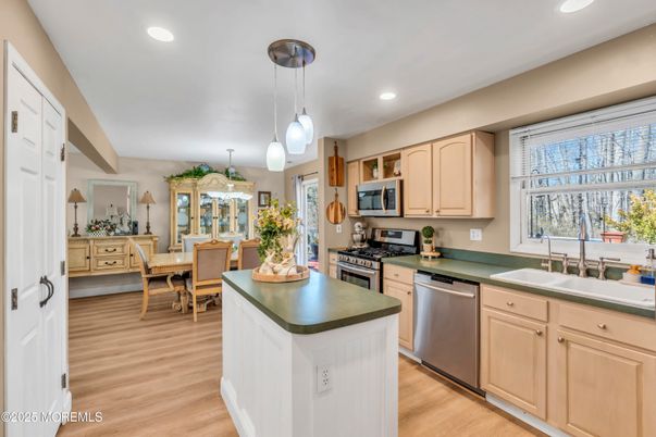 Dining room, Interior, Kitchen, Pendant Lights, Recessed Lighting, Stainless Steel Appliances, Wood Texture Flooring