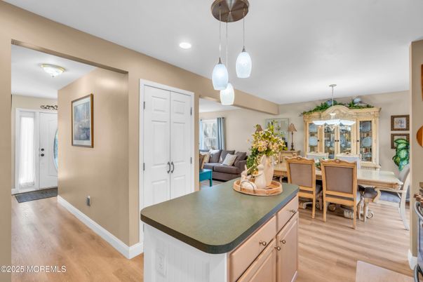 Dining room, Interior, Pendant Lights, Recessed Lighting, Wood Texture Flooring