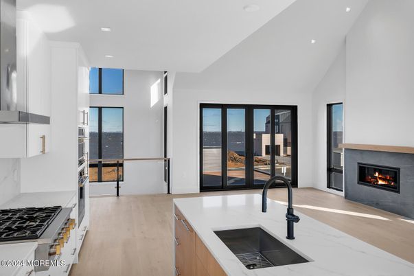Fireplace, Interior, Kitchen, Recessed Lighting, Wood Texture Flooring