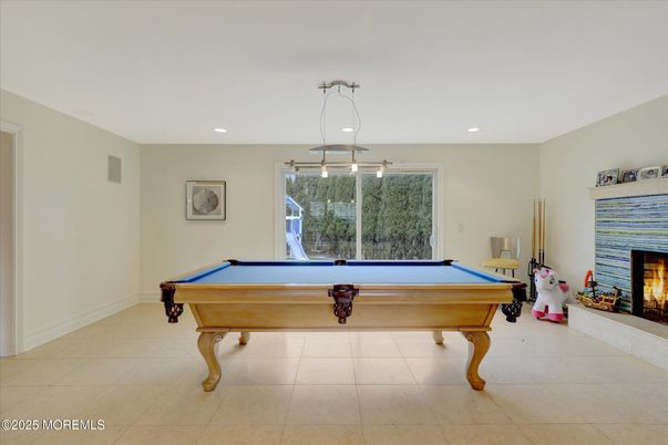 Billiard Table, Fireplace, Game Room, Interior, Pendant Lights, Recessed Lighting
