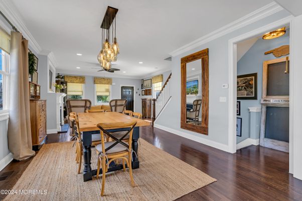 Dining room, Interior, Pendant Lights, Recessed Lighting, Wood Texture Flooring